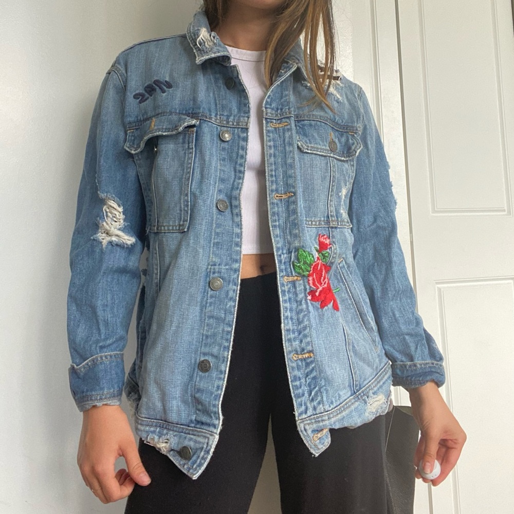 Embroidered Distressed Denim Jacket, Size Small